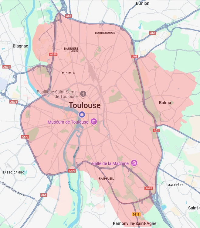 Carte de la zone d’intervention d’Occidom à Toulouse et dans ses environs